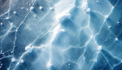 Obraz premium Top-down view of frozen lake surface with cracks and frost patterns 