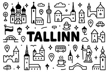 Obraz premium Tallinn doodle compilation: Alexander Nevsky Cathedral, towers, walls, old town, statue, tram, bus, flag, and Estonian landmarks.