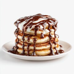 Stacked pancakes drizzled with chocolate and white sauces