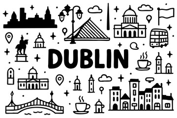 Fototapeta premium Dublin doodle compilation: Samuel Beckett Bridge, Spire, city buildings, statues, bus, coffee, Irish flag, and skyline.