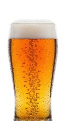 Cold glass of golden beer with bubbles isolated on white background