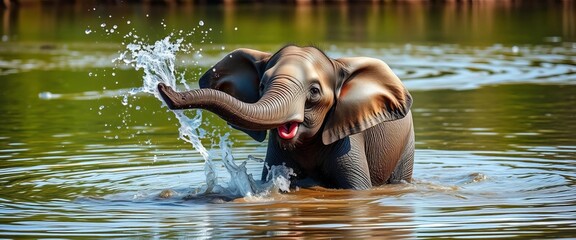 Joyful young elephant splashing in shallow river, trunk spraying water, ears flapping, wildlife, water