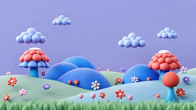 3d whimsical cartoon landscape with mushroom trees and clouds