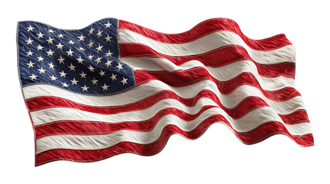 A waving USA flag with stitched stripes and crisp star field, fabric rippling naturally, isolated on transparent background.
