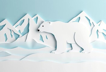 Layered paper cut polar bear in snowy mountains, soft blue & white tones,  snowy,  print