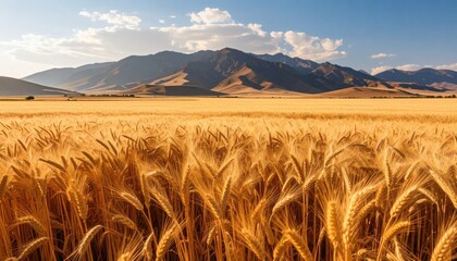 Golden wheat field stretches towards distant mountains under a clear, slightly cloudy sky, showcasing a warm, serene landscape