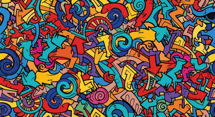 Adobe illustrator artwork vector illustration. Seamless graffiti pattern with colorful arrows, swirls, and urban doodles, ideal for streetwear, backgrounds, and youth-oriented designs