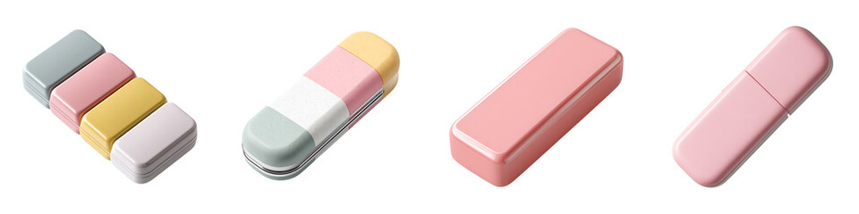 Stylish pastel pencil erasers in a range of colors including pink, grey, and yellow, perfect for office supplies and school stationery decorating.
