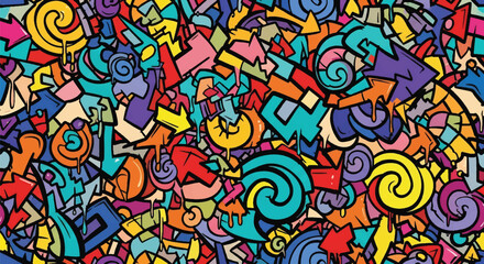 Adobe illustrator artwork vector illustration. Seamless graffiti pattern with colorful arrows, swirls, and urban doodles, ideal for streetwear, backgrounds, and youth-oriented designs