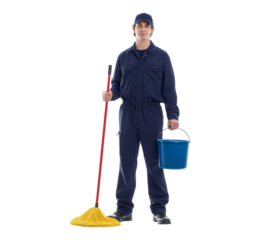 Professional Male Cleaner in Uniform Ready for Work with Mop and Bucket isolated on a transparent background