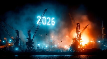 Futuristic Night Scene with Lit 2026 over Industrial Area. 2026 Happy New Year in Glow Blue Neon Lights Construction industry concept.