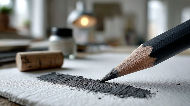 Close-up of a pencil drawing a line on textured paper. - Powered by Adobe