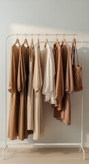Stylish neutraltoned clothing collection on a minimalist rack