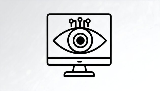A minimalist illustration depicts a desktop monitor displaying a stylized eye with circuit-like elements extending from its top. - Powered by Adobe