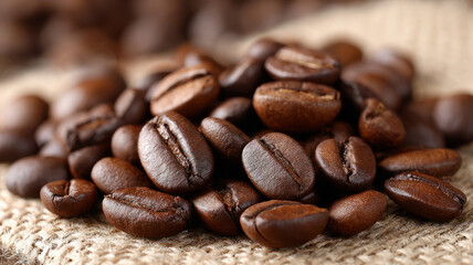 Close-up of roasted coffee beans on burlap.