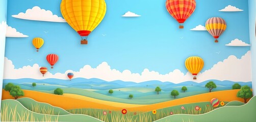 Obraz premium Paper cut style summer field landscape with blue sky, hot air balloons, and heart shape Panorama view , clouds, grass