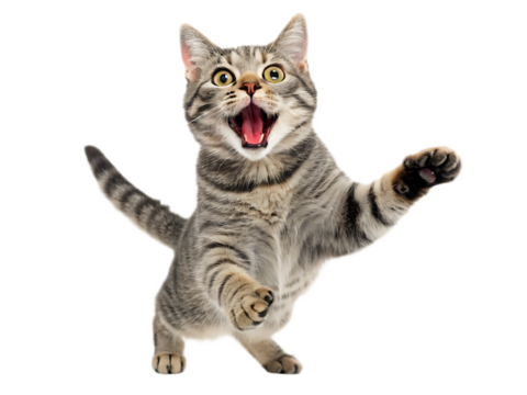 Tabby cat mid leap with mouth open and tail up on a white background in a studio shot looking excited