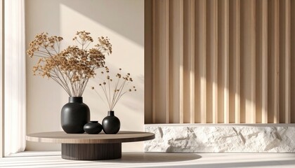 Light fills a room with plants in black vases on a round table, contrasting with a wooden panel and white stone platform