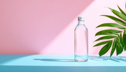 A glass water bottle sits on a turquoise surface with a pink wall backdrop and palm leaves casting shadows in bright, minimalist sunlight