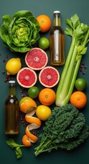 Assorted fresh fruits and vegetables arranged on a dark background