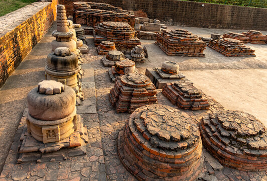 sarnath archaeological site with excavated meditation stupa in daylight
