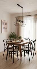 Modern dining room with wooden table and metal chairs by window