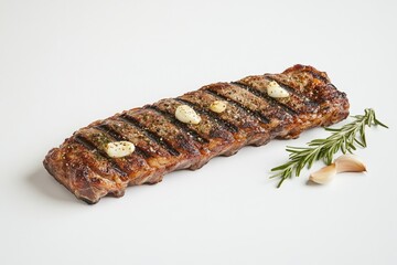 Grilled pork ribs, seasoned with herbs and garlic cloves, resting on a white background alongside fresh rosemary sprigs and additional garlic