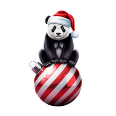 Playful Panda in Santa Hat Balancing on Striped Ornament - Cute Holiday Mascot