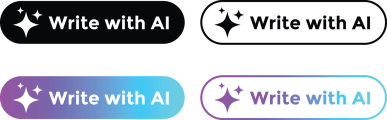 Write with ai button. Stars sparkle icons. Machine learning text generator. Chatbot assistant symbol. Generate tool design