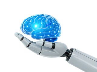 A robotic hand holding a glowing blue brain with interconnected nodes on a plain white background
