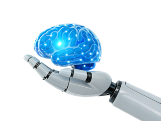 A robotic hand holding a glowing blue brain with interconnected nodes on a plain white background