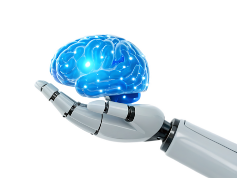 A robotic hand holding a glowing blue brain with interconnected nodes on a plain white background