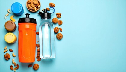 Refreshment Two water bottles, a bowl of nuts, and colorful containers are arranged neatly on a bright cyan background, offering a vibrant and healthy vibe
