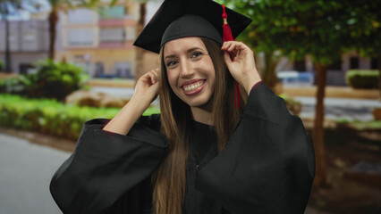 Young hispanic woman in graduation gown adjusts red tassel on mortarboard in front of stone...