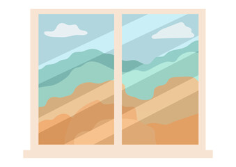 Window with mountain landscape view. Interior detail. A flat illustration for home decor and graphic design.