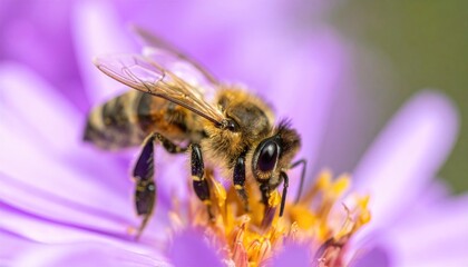 Close-up of a bee on a light purple flower, gathering nectar. The bee's details are sharply focused, and the background is soft and blurred