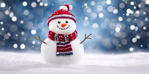 Fototapeta premium Cheerful Snowman Surrounded by Vibrant Winter Colors, Soft Bokeh Lights, and a Festive Atmosphere