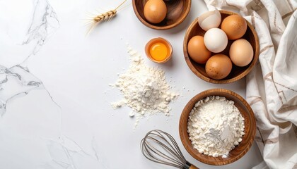 A culinary tableau Flour, eggs in wooden bowls, wheat stalk, whisk, and draped cloth on a marble surface. Bright, clean composition