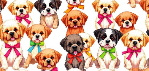 Seamless vector pattern of adorable dogs wearing colorful ribbons,  pastel,  wallpaper