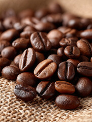 Naklejka premium Close-up of roasted coffee beans on burlap surface.