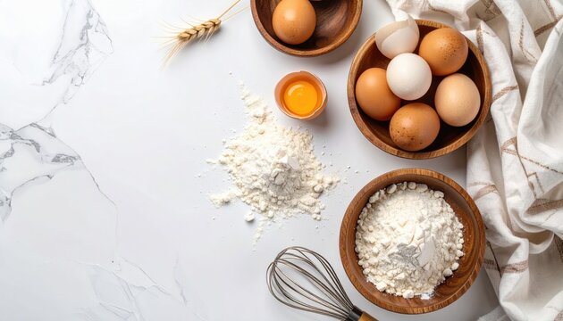 A culinary tableau Flour, eggs in wooden bowls, wheat stalk, whisk, and draped cloth on a marble surface. Bright, clean composition