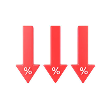 3d icon of three red percentage arrows isolated on white isolated on transparent background