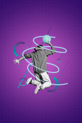 Creative artwork template sketch image 3D collage of young man play basketball jump fitness activity training warmup hobby motivation