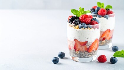 Two glasses showcasing layered healthy dessert with chia seeds, yogurt, fresh berries, and granola, topped with mint sprigs, on a bright surface