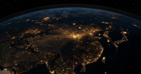 Rotating planet Earth revealing city lights across eastern Asia, highlighting atmospheric limb glow - Powered by Adobe