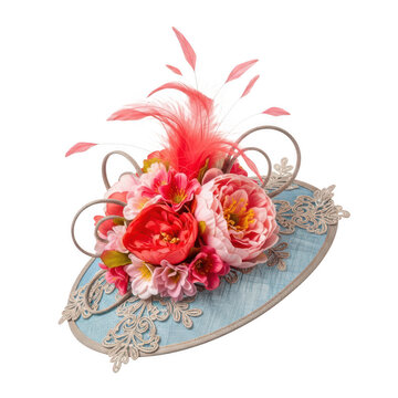 Floral fascinator on blue base on transparent background