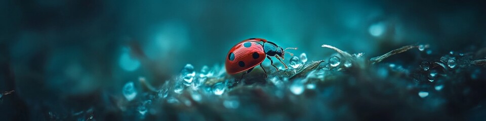 Ladybug Crawling on Blades Fresh Grass Blades, Dew Covered in Morning Light.,Macro, Tiny insects