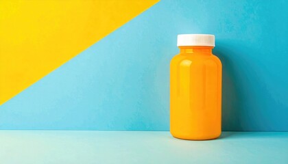 Vibrant studio shot of an orange bottle with a white cap, set against a bright yellow and blue background, creating a clean and modern aesthetic