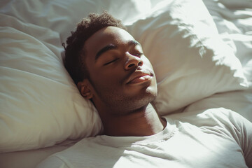 Generative AI Peaceful Morning Portrait of Young Man Resting on White Pillow and Duvet in Bed