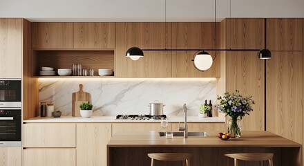 Modern kitchen with warm wood cabinetry and sleek lighting